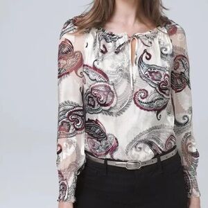 White House Black Market Paisley Silk Blend Blouse Tie Front